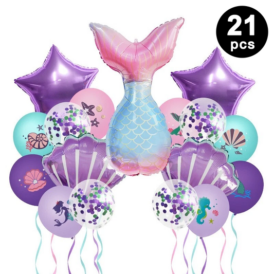 21pcs Mermaid Tail Shell Shaped Foil Latex Printed Balloons