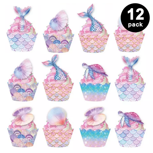 Pack of 12 Mermaid Under the Sea Cupcake Toppers with Wrappers