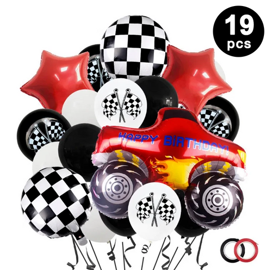 19pcs Monster Truck Shaped Foil Balloons Checkered Printed Latex Balloons