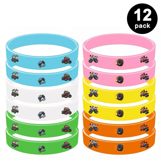 Monster Truck Theme Silicone Bracelets Rubber Wristbands (Pack of 12)