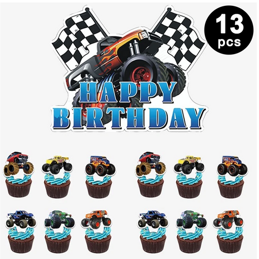 Monster Truck Theme Birthday Cake Cupcake Toppers (Pack of 13)