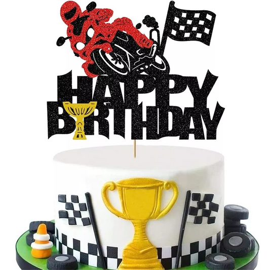 Motorbike Theme Glitter Birthday Cake Topper