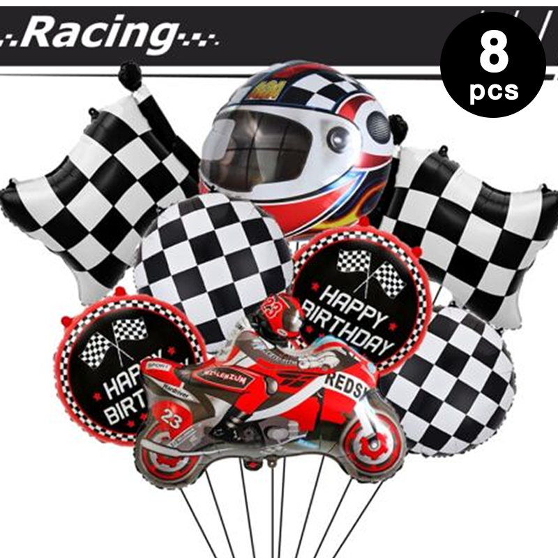 Motorbike Shaped Checkered Printed Foil Balloons 8 Pack