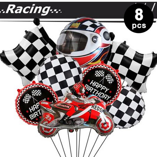 Motorbike Shaped Checkered Printed Foil Balloons 8 Pack