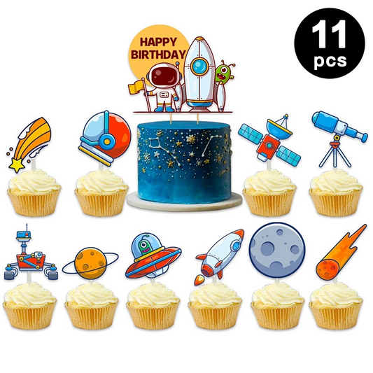 Outer Space Astronaut Rocket Theme Birthday Cake Cupcake Toppers (Pack of 11)