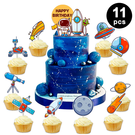 Outer Space Astronaut Rocket Theme Birthday Cake Cupcake Toppers (Pack of 11)