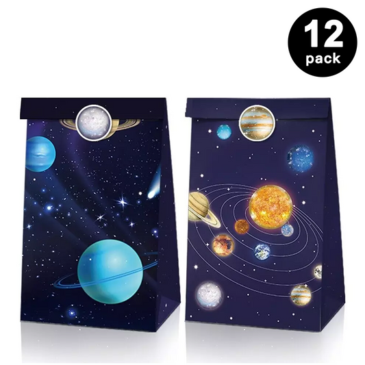 Outer Space Astronaut Rocket Paper Gift Bags with Mini Stickers (Pack of 12)