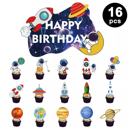 Outer Space Astronaut Birthday Decorating Set | Banner Balloons Cake Toppers