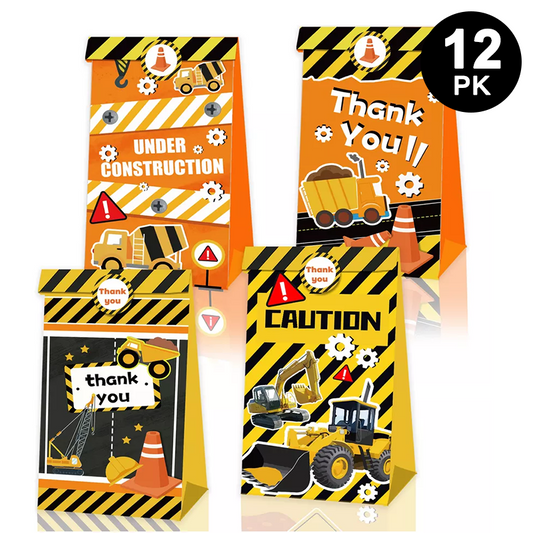 Construction Theme Party Paper Gift Bags 12pk with Mini Stickers