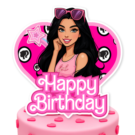 Pink Black Hair Fashion Girl Birthday Cake Topper