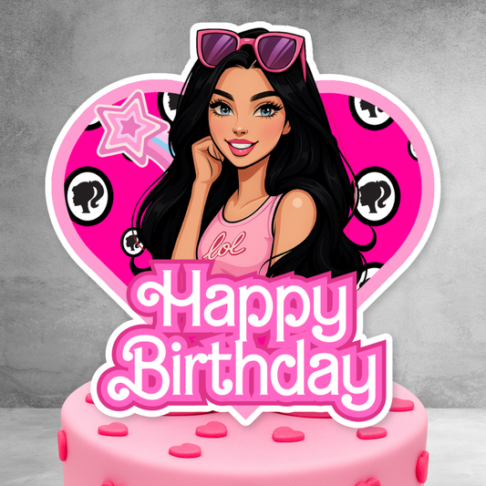 Pink Black Hair Fashion Girl Birthday Cake Topper