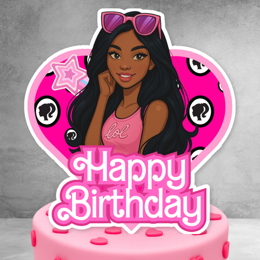 Pink Brown-Skinned Fashion Girl Birthday Cake Topper
