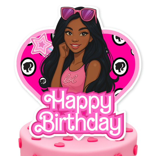 Pink Brown-Skinned Fashion Girl Birthday Cake Topper
