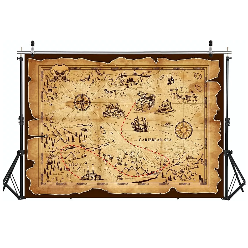 Pirate Treasure Map Backdrop Banner 150x100cm | Caribbean Theme Party Photography Background