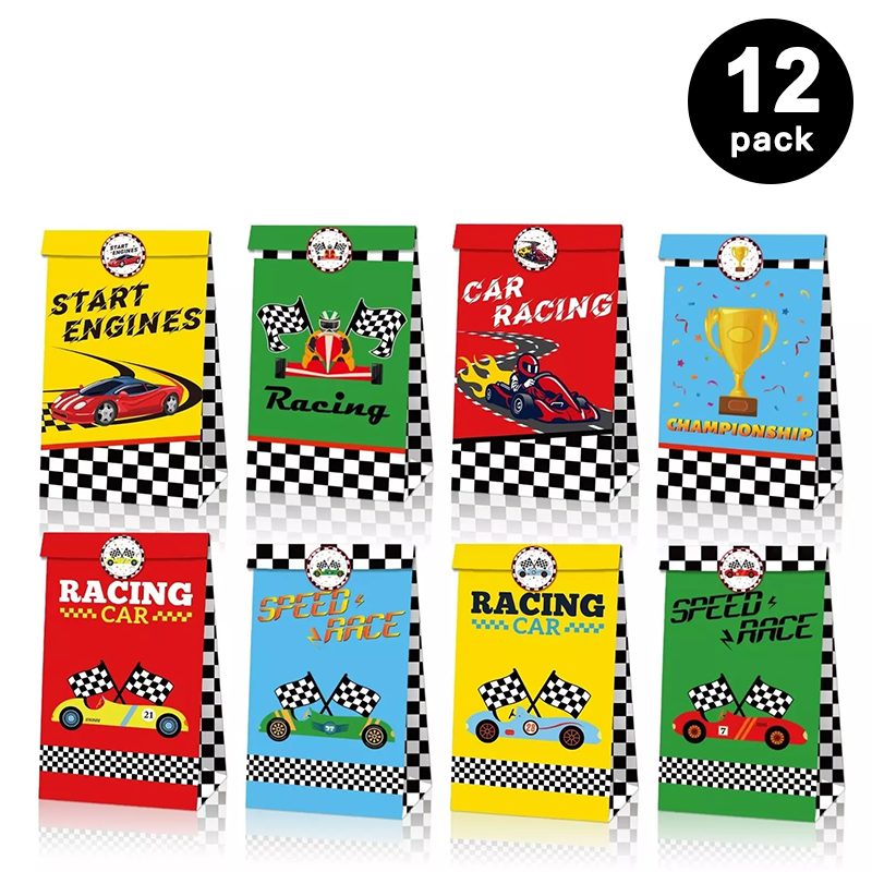 Racing Car Theme Paper Gift Bags with Mini Stickers (Pack of 12)