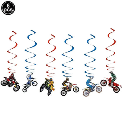 Motorbike Motocross Birthday Decoration Set - Banner Swirls Balloons Cake Toppers