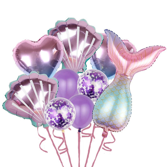 9pcs Mermaid Tail Shell Shaped Foil Latex Balloons (Purple)