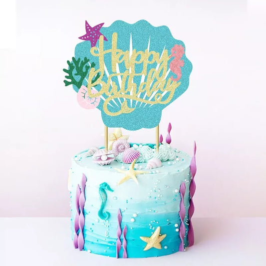 Mermaid Shell Sea World Glitter Birthday Cake Topper