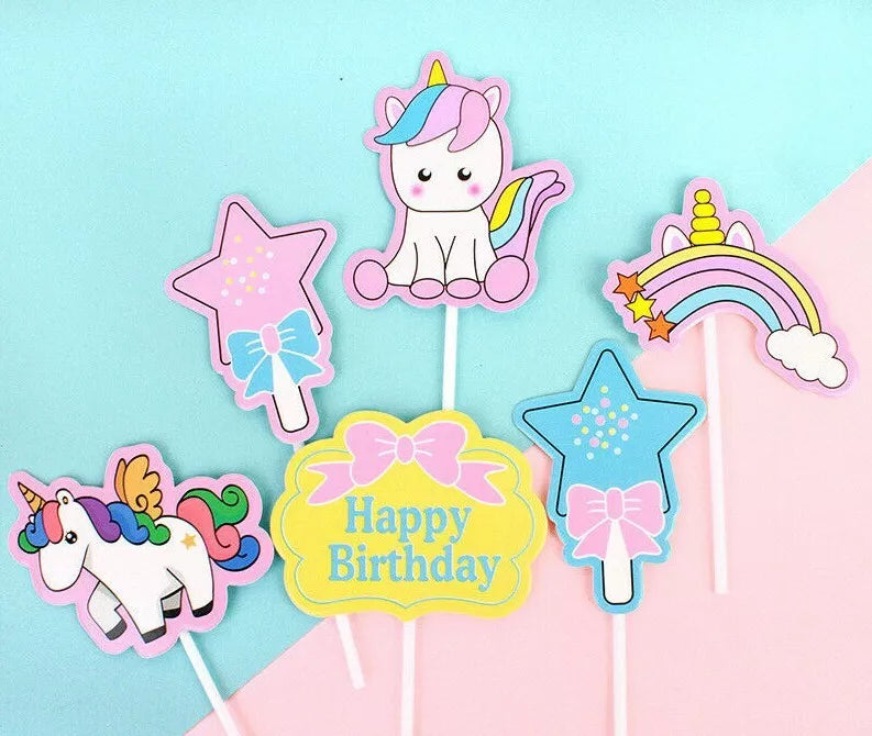 Unicorn Rainbow Theme Birthday Cake Decorating Toppers 6 pack