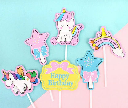 Unicorn Rainbow Theme Birthday Cake Decorating Toppers 6 pack