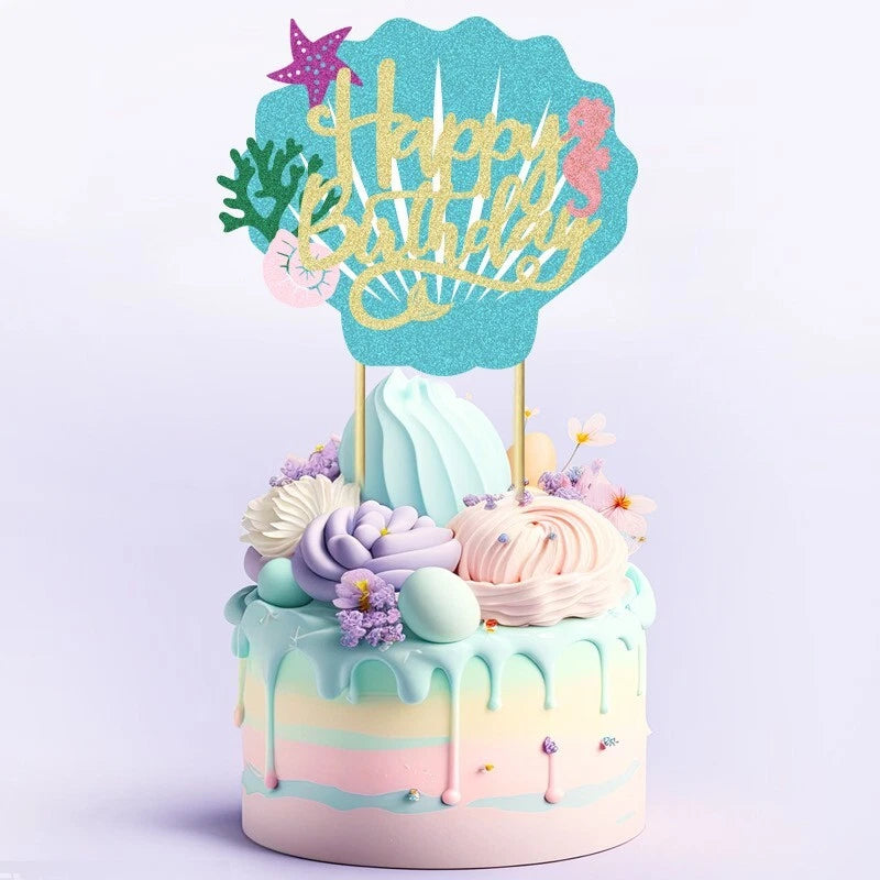 Mermaid Shell Sea World Glitter Birthday Cake Topper