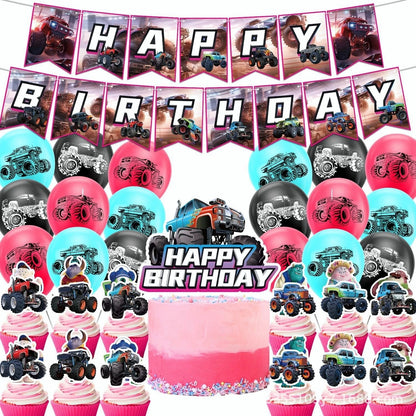 Monster Truck Birthday Party Decoration Set - Banner Balloons Cake Toppers