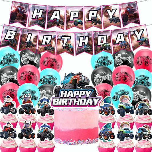 46pcs Monster Truck Theme Party Decorating Set | Birthday Banner Balloons Cake Cupcake Toppers