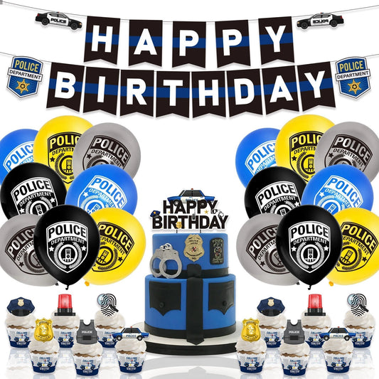 46pcs Police Department Theme Party Decorating Set | Birthday Banner Balloons Cake Cupcake Toppers