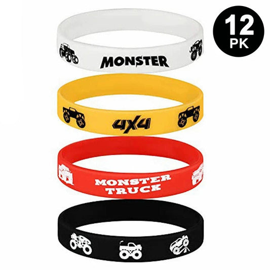 Monster Truck Theme Silicone Bracelets Rubber Wristbands (Pack of 12)