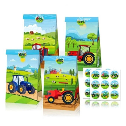 Tractor Theme Paper Gift Bags with Mini Stickers 12 Pack