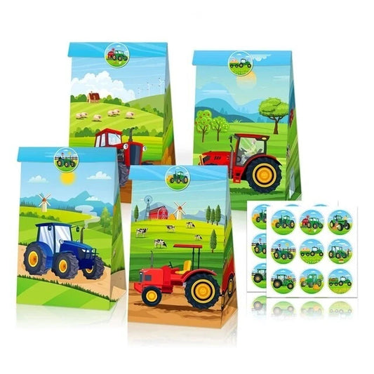 Tractor Theme Paper Gift Bags with Mini Stickers (Pack of 12)