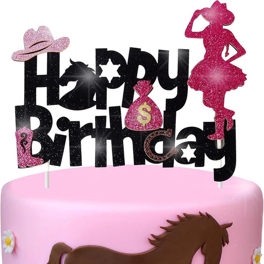 Western Cowgirl Theme Glitter Birthday Cake Topper