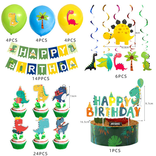 Cute Dinosaur Theme Party Decorating Set | Birthday Banner Swirls Balloons Cake Cupcake Toppers