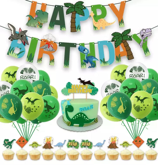 58pcs Roar Dinosaur Party Decorating Set | Birthday Banner Balloons Cake Cupcake Toppers