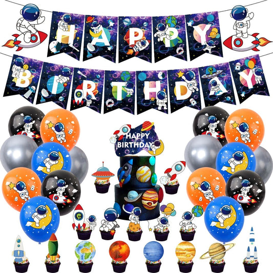 56pcs Outer Space Astronaut Rocket Party Decorating Set | Birthday Banner Balloons Cake Cupcake Toppers
