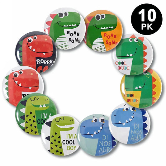 10pk Cartoon Dinosaur Metal Badges | Kids Birthday Party Gift Bag Fillings