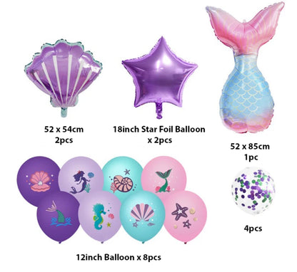 21pcs Mermaid Tail Shell Shaped Foil Latex Printed Balloons