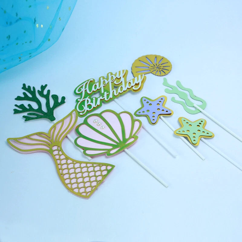 8pcs Mermaid Tail Under the Sea Birthday Cake Toppers