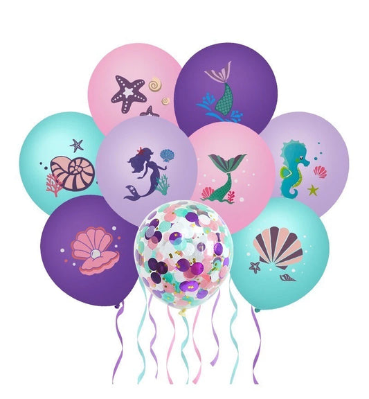 21pcs Mermaid Tail Shell Shaped Foil Latex Printed Balloons