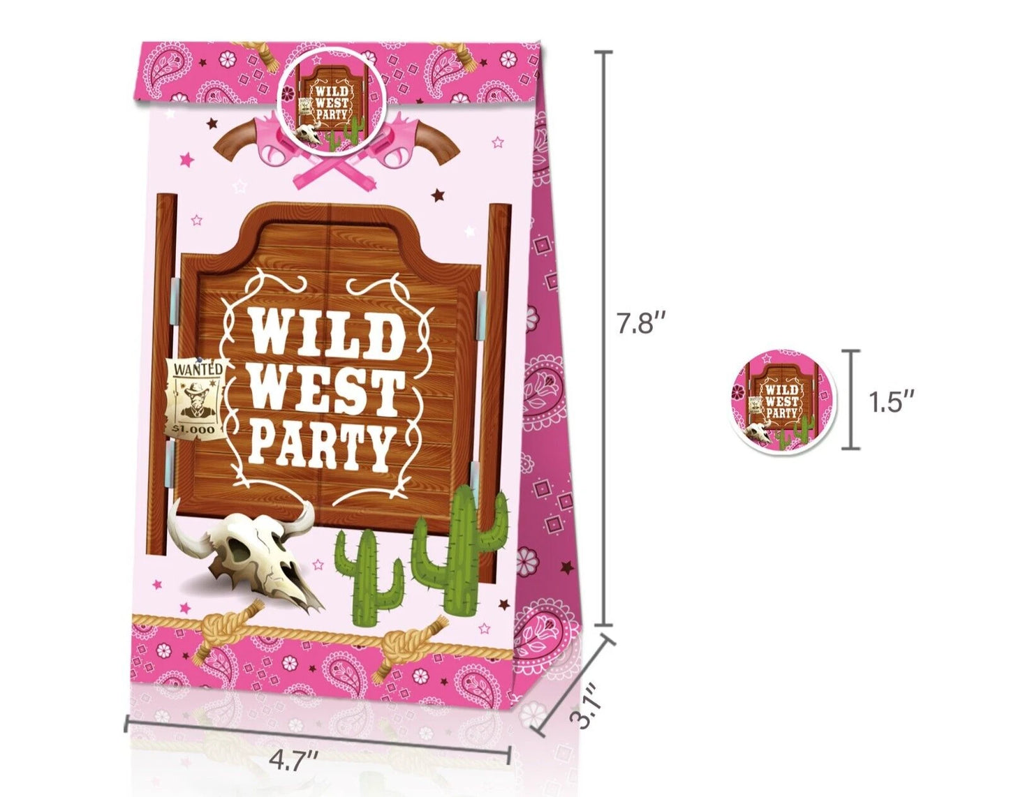Wild West Cowgirl Paper Gift Bags with Mini Stickers 12 Pack