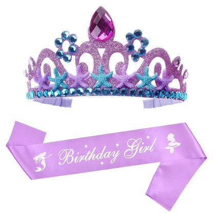 Mermaid Princess Headband Rhinestones Birthday Crown Tiaras & Sash