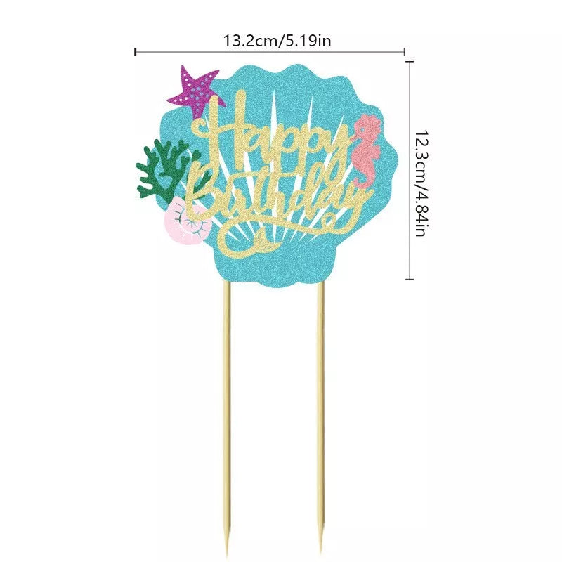 Mermaid Shell Sea World Glitter Birthday Cake Topper