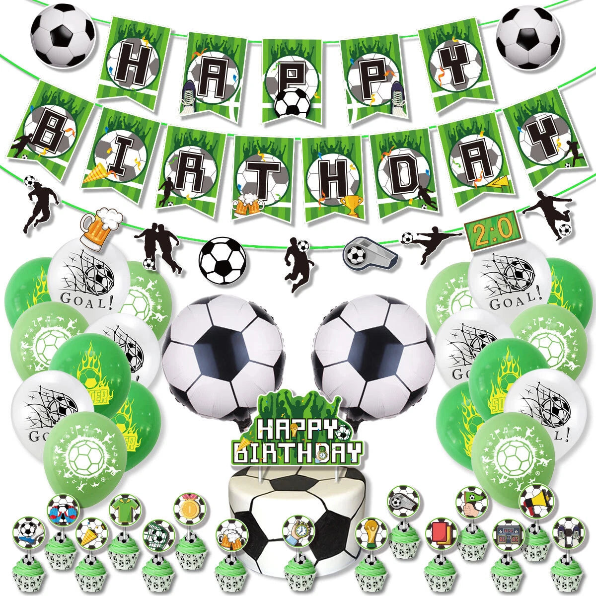Soccer Birthday Decorating Set | Banner Pennant Balloons Cake Toppers