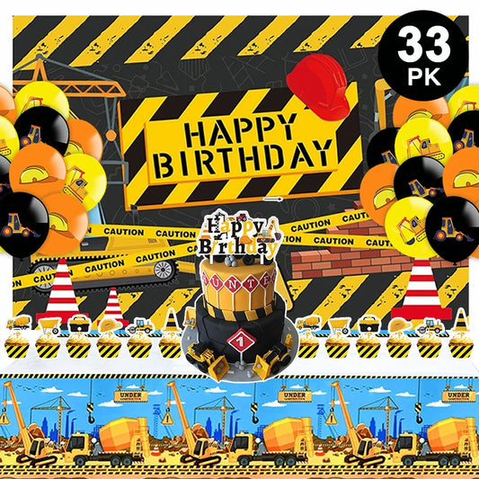 33pcs Construction Truck Theme Party Set | Backdrop Banner Cake Toppers Balloons Tablecloth