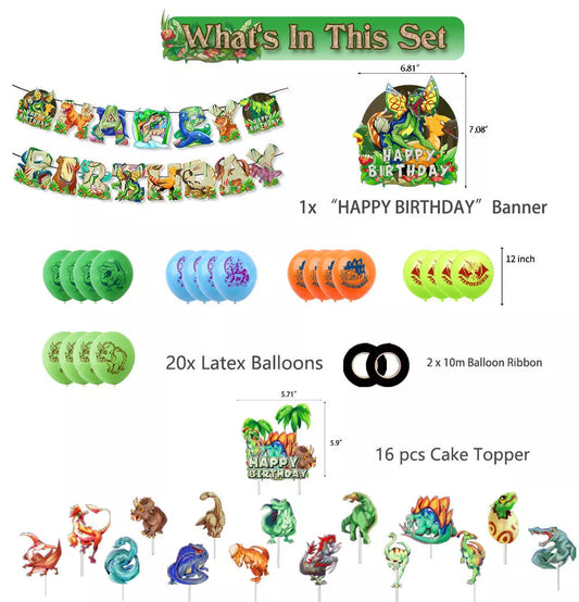 51pcs Jurassic Dinosaur Theme Party Decorating Set | Birthday Banner Balloons Cake Cupcake Toppers