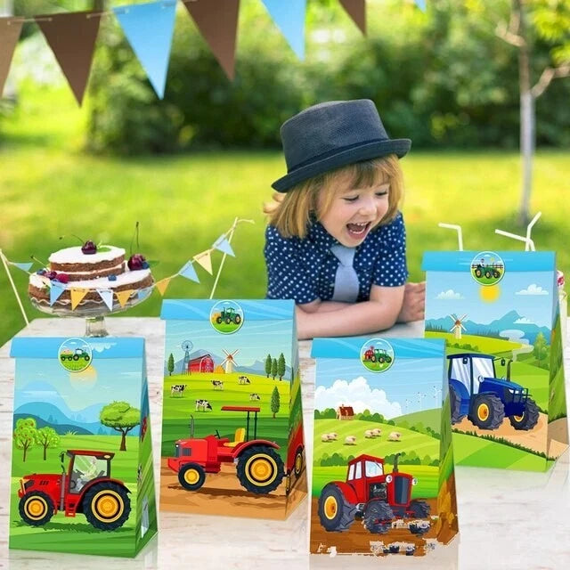 Tractor Theme Paper Gift Bags with Mini Stickers 12 Pack