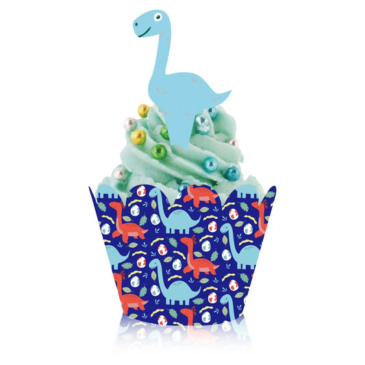 Pack of 12 Cartoon Cute Dinosaur Cupcake Toppers with Wrappers