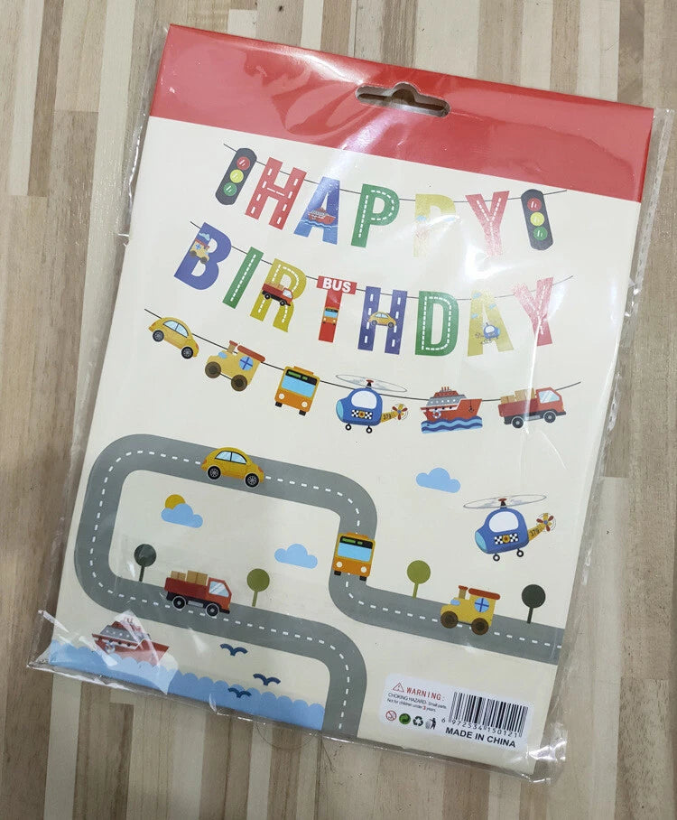 Transportation Vehicles Birthday Party Decoration Set – Banner Hanging Swirls Cupcake Toppers