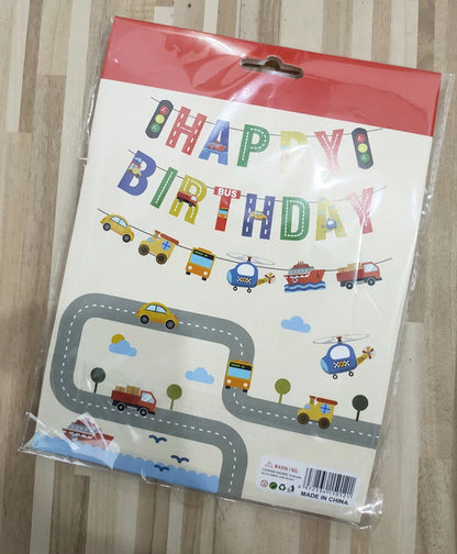 Transportation Vehicles Birthday Party Decoration Set – Banner Hanging Swirls Cupcake Toppers