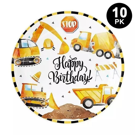Construction Truck Theme 9 inch 23cm Paper Plates Round 10pk
